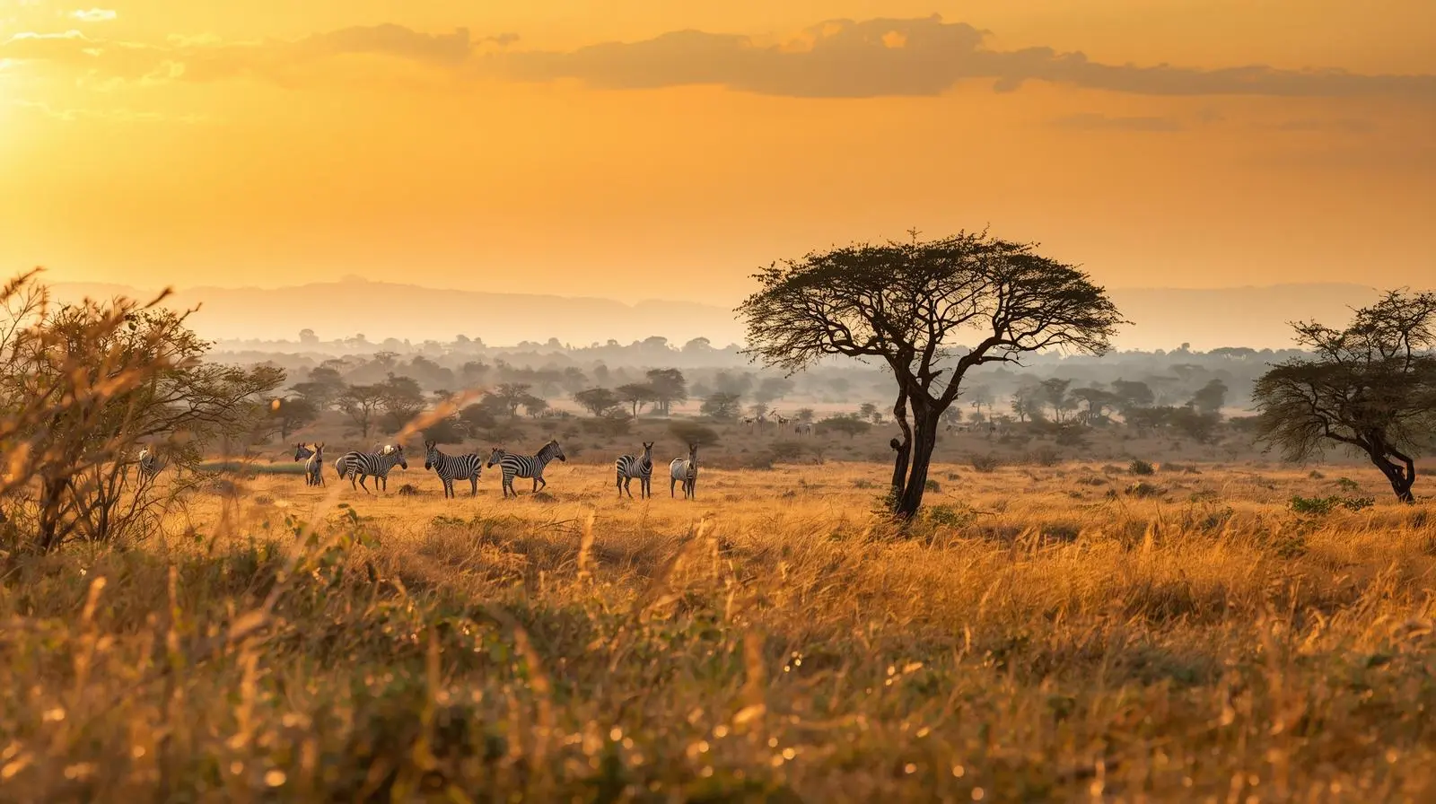 zebras relaxing in the savannah of Meru National Park.