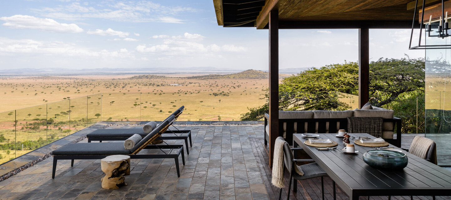 Luxury lodge suite with panoramic view of Serengeti National Park