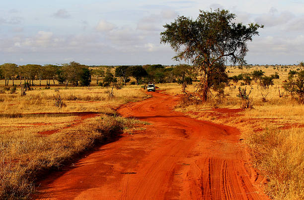 Red ground safari road and savanna landscape in Tsavo East National Park, Kenya.