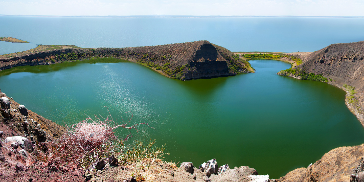 Aerial view of South Island National Park, Kenya, with turquoise waters and green landscapes with cross wild safaris