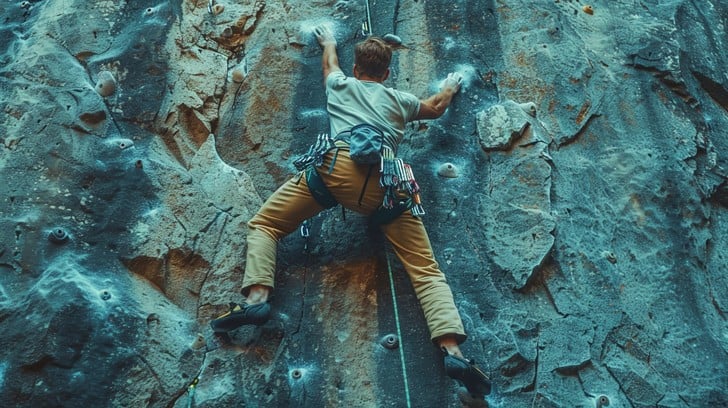 Rock climber ascending a vertical cliff using technical climbing gear
