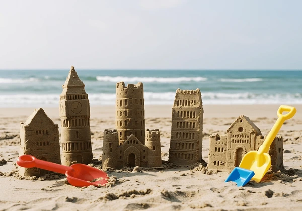 Children building sandcastles on a white sandy beach with clear turquoise water in Malindi Marine National Park