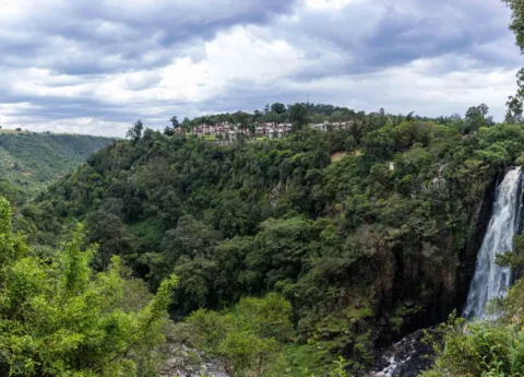 Aerial view of Thompsons falls with cross wild safaris
