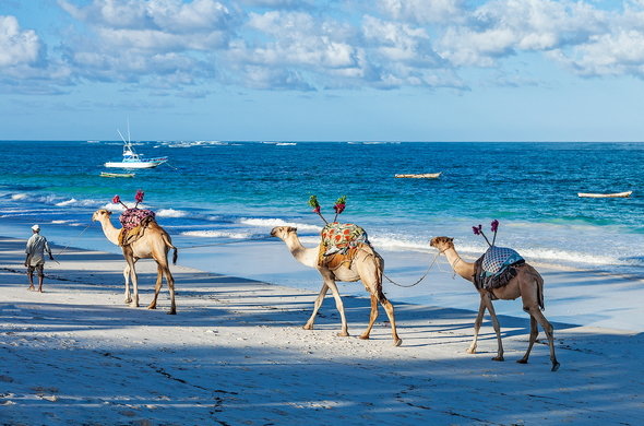 Tourists relaxing and sunbathing on Diani Beach, Mombasa