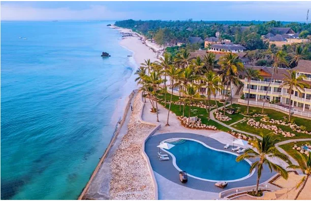 Aerial view of Watamu Marine National Park with turquoise waters and coral reefs.