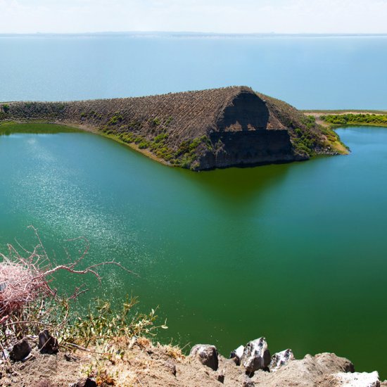 Aerial view of South Island National Park, Kenya, with turquoise waters and green landscapes with cross wild safaris
