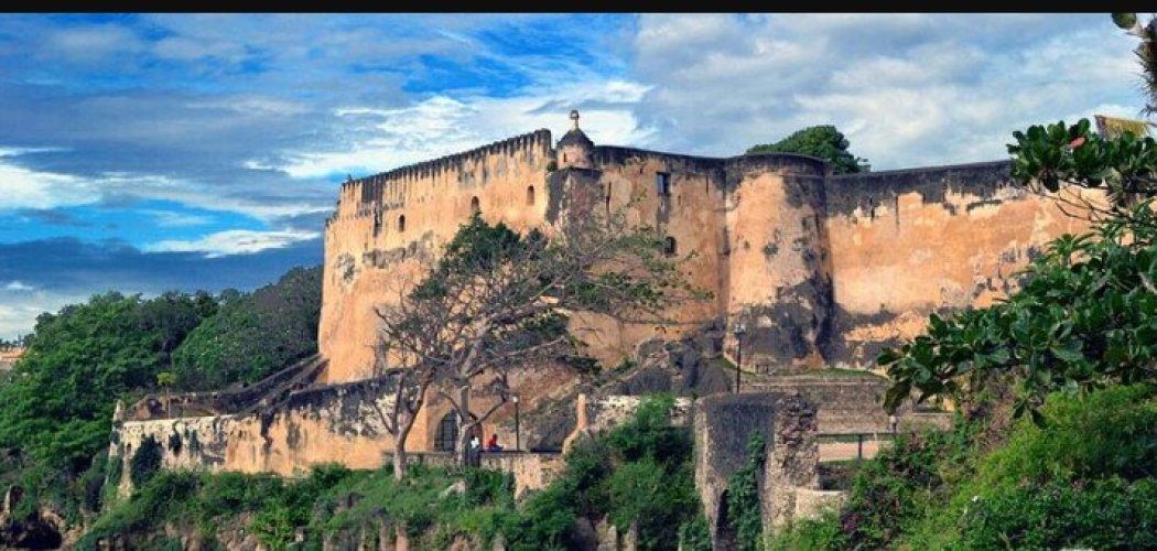 Aerial view of Fort Jesus highlighting its irregular fort layout and bastions