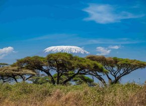 The view of snowcapped Mount Kilimanjaro from Amboseli National Park on a Safari