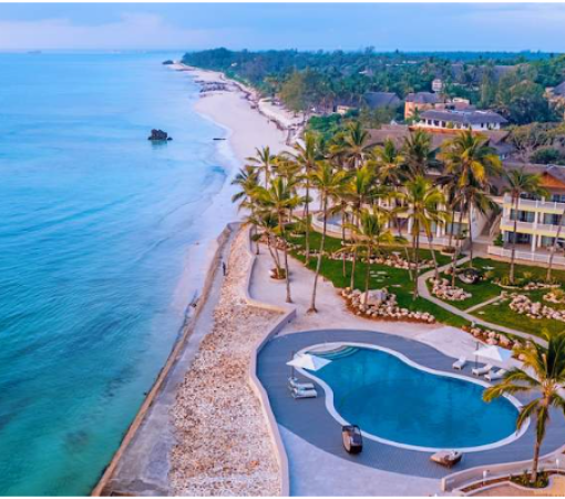Aerial view of Watamu Marine National Park with turquoise waters and coral reefs.