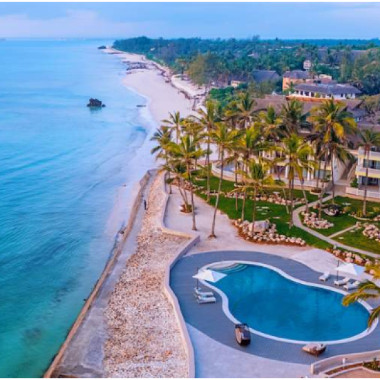 Aerial view of Watamu Marine National Park with turquoise waters and coral reefs.
