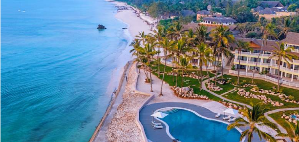 Aerial view of Watamu Marine National Park with turquoise waters and coral reefs.